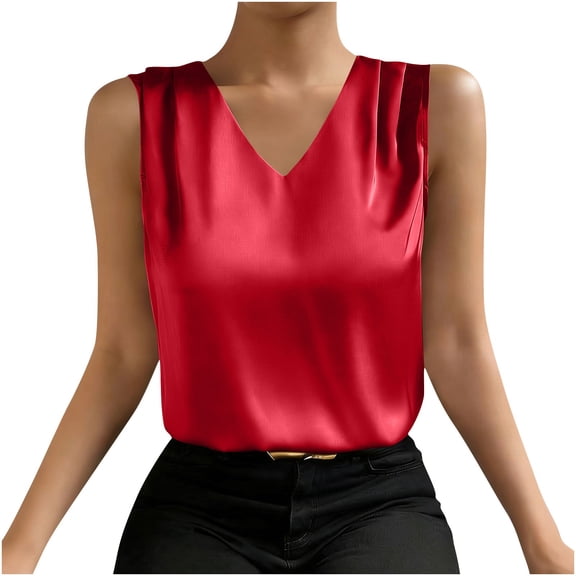 Stamzod Womens Silk Satin Tank Tops V Neck Sleeveless Camisole Blouses Summer Basic Tank Shirt Dressy Casual Red XL