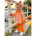 thumbnail image 5 of RUINIXCW Toddler Bbay Girl Halloween Outfit Infant Baby Girl Fall Clothes Ghost Pumpkin Embroidery Plaid Babydoll Shirt Tops and Flared Pants 2 Pieces Set, 5 of 9