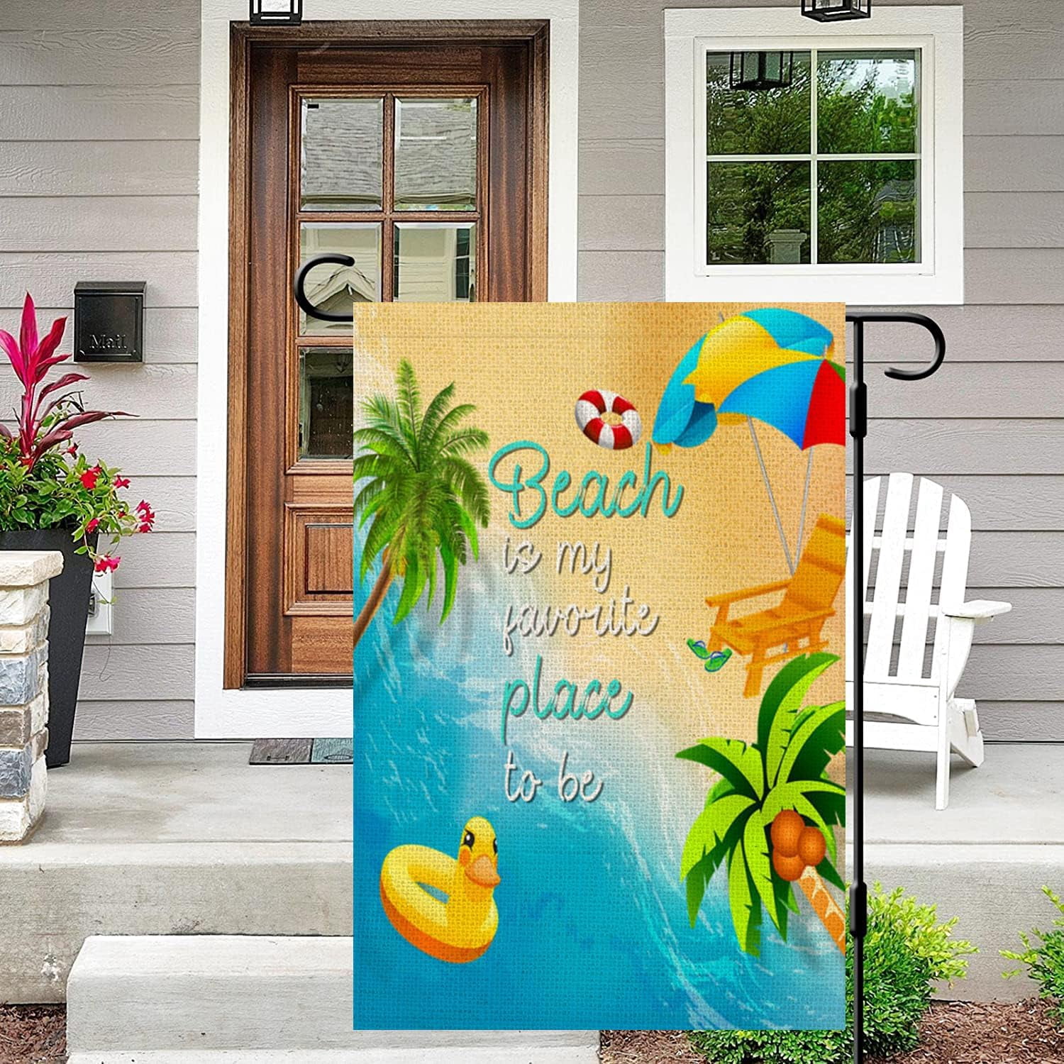 Welcome Summer Beach Decorative Garden Flag Tropical Hawaii Palm Leaves Coastal Outside Decorations Nautical Duck Swim Ring Beach Umbrella Yard Outdoor Decoration 12.5x18 Double Sided