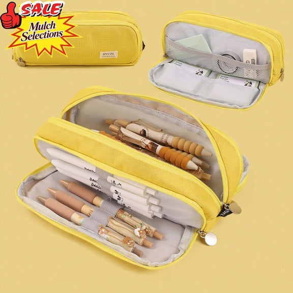 Qocolcyl Under 1$ Dollar Yellow Pencil Case, Large Capacity Multi-layer Oxford Cloth Pencil Box, Japanese Korean Style Stationery Organizer, Portable Pen Box for Classroom, Office & Travel