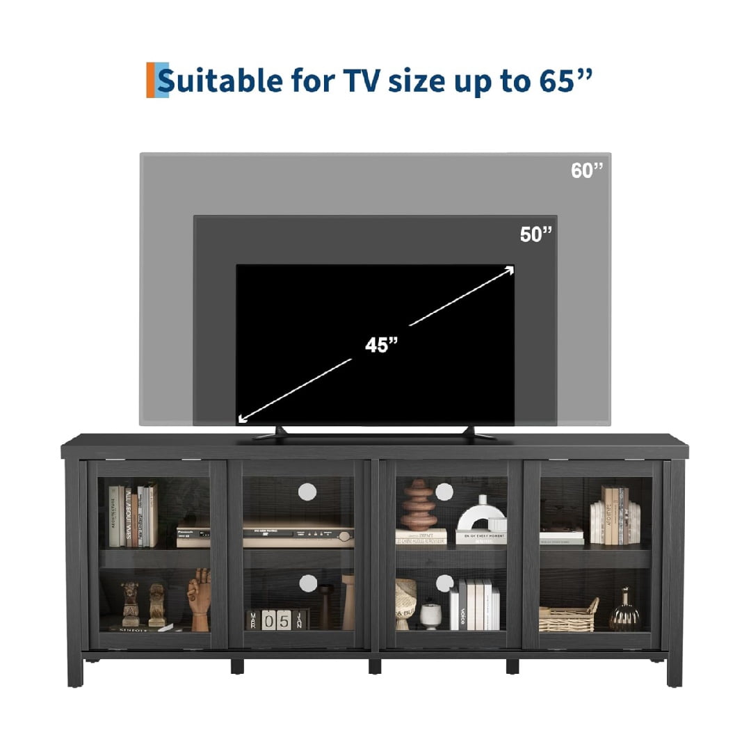 TV Stand for 65 Inch, Entertainment Center with Storage Cabinet and 4 Sliding Glass Doors, Mid Century Modern Media TV Console Table for Living Room Bedroom