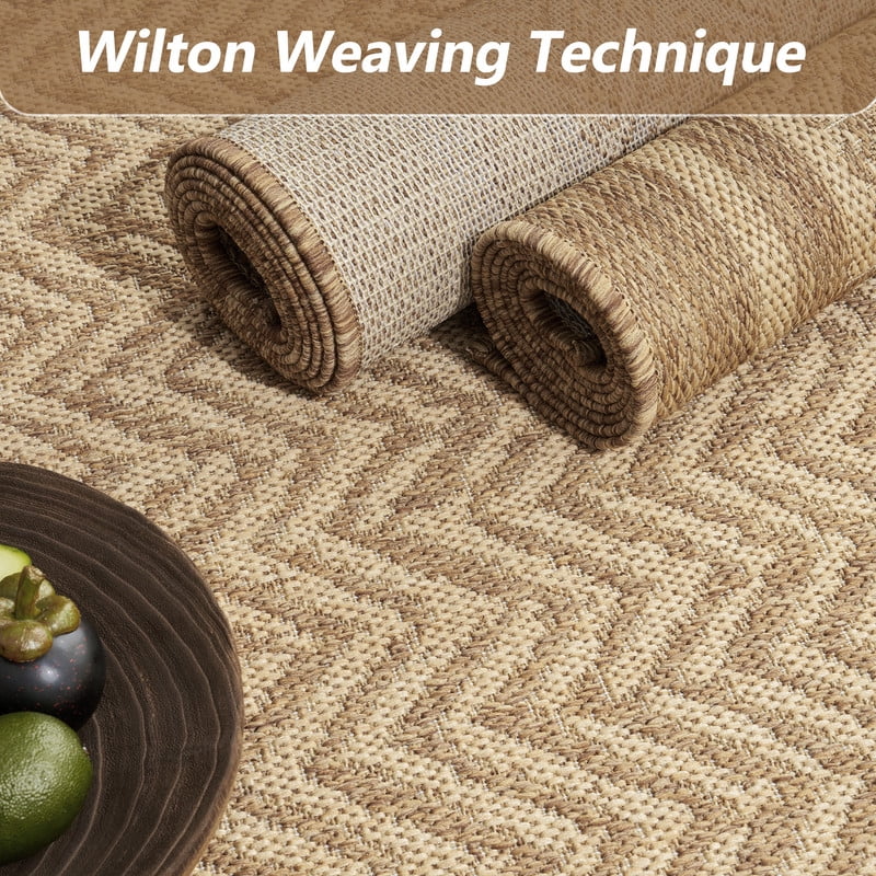 SIXHOME Outdoor Rugs 5'x7', Farmhouse Bordered Patio Rug, Indoor Outdoor Polypropylene Weave Textured Carpet, Water-Resistant, Quick-Dry Rug for Porch, Balcony, RV, Garden, Neutral Brown