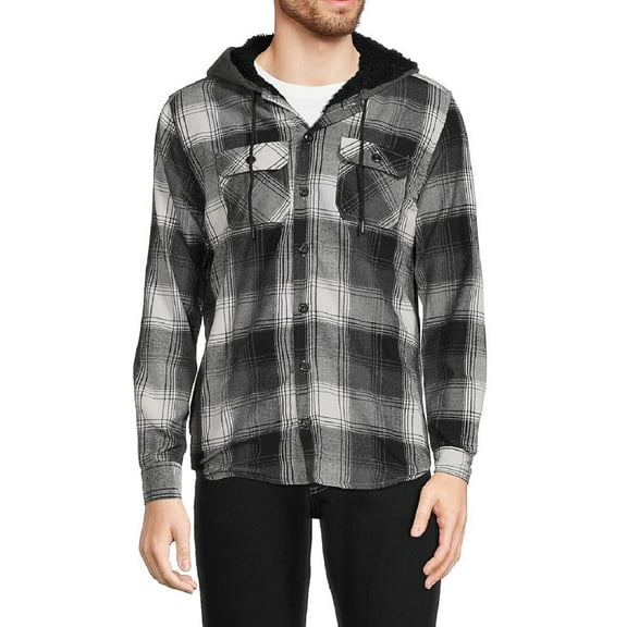 Distortion Men’s Plaid Faux Shearling Lined Hooded Shacket, Black, X-Large