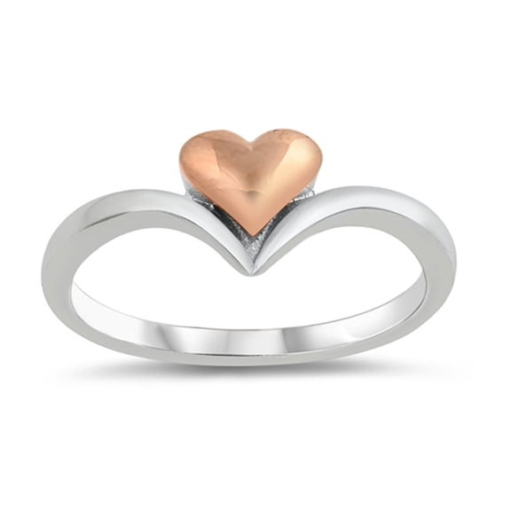 Rose Gold-Tone Heart Chevron V-Shaped Ring .925 Sterling Silver Band Jewelry Female Male Size 10