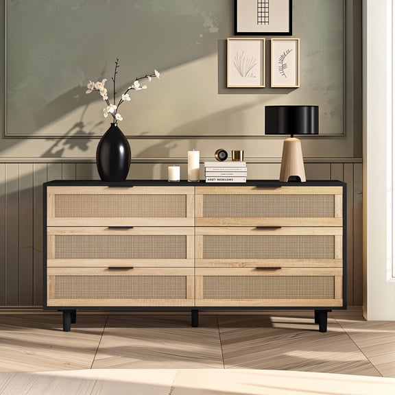 59.06"6-Drawers Rattan Storage Cabinet Rattan Drawer,for Bedroom,Living Room (Black)