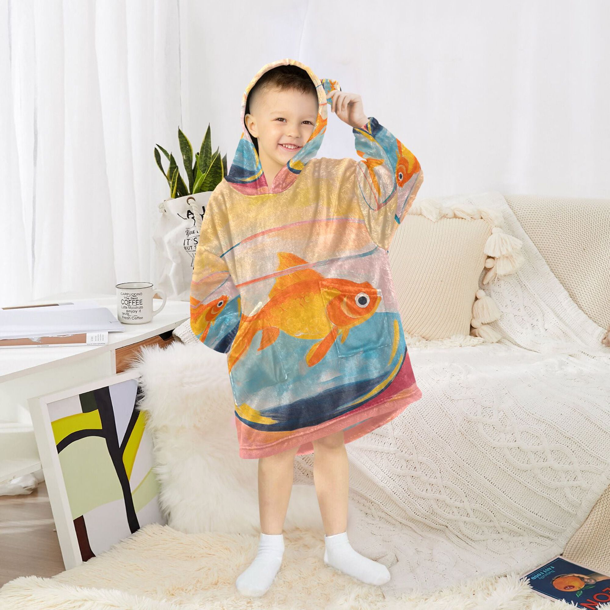 FORMRS Wearable Blanket Hoodie with Sleeves for Kids Cozy Flannel Sweatshirt, Goldfish