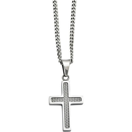 Primal Steel Stainless Steel Polished Grey Carbon Fiber Small Cross Necklace, 20