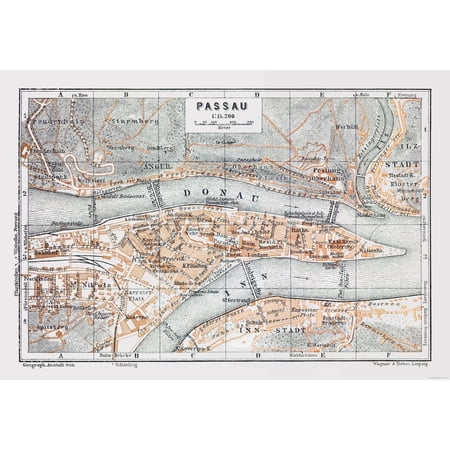 Historic Map - Passau Germany - Baedeker 1914 - Vintage Wall Art
