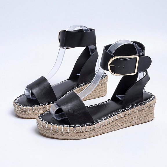 Zanvin Womens Sandals Clearance Summer Ladies Shoes Slope Heel Thick Soled Straw Woven Metal Buckle Women's Sandals, Black, 41