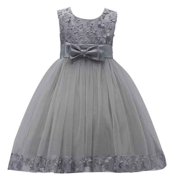 IBTOM CASTLE Robe de Bal Petite Fille 2-10T Courte en Dentelle Fleur Tulle pour Mariage Soirée Danse Gris 2T