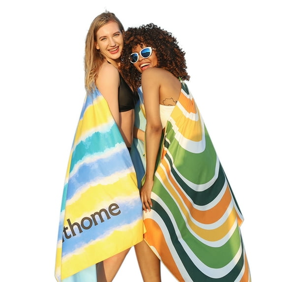 Winthome 2pcs Microfiber Beach Towel Extra Large Oversized Sand Free Super Absorbent Quick Dry Machine Washable Compact Towels Blanket(Blue Stripes+Green Waves) 72 x 40inch for Travel Swimming Camping