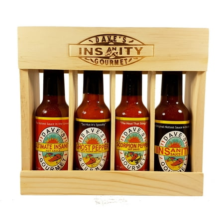 Dave's Gourmet Insanity Super Hot Sauce Wood Crate Gift set 5 Oz.