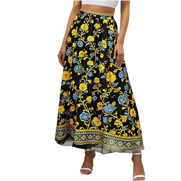 Faldas de Mujer Midi Gasa Floral Impresa Falda de Verano para las Mujeres, Falda Midi Casual con Cintura Elástica Suelta Ajuste, Falda Ligera de Playa Flujo para el Uso Diario