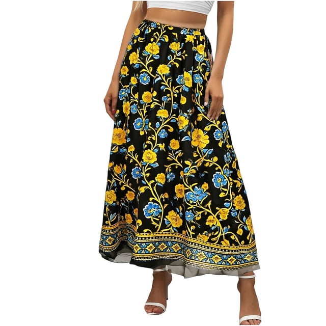 Faldas de Mujer Midi Gasa Floral Impresa Falda de Verano para las Mujeres, Falda Midi Casual con Cintura Elástica Suelta Ajuste, Falda Ligera de Playa Flujo para el Uso Diario