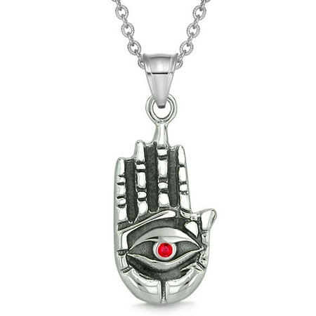 Thai Buddha Amulet All Seeing and Feeling Buddha Eye Hamsa Hand Magic Powers Amulet Red Crystal Pendant 18 inch Necklace ()