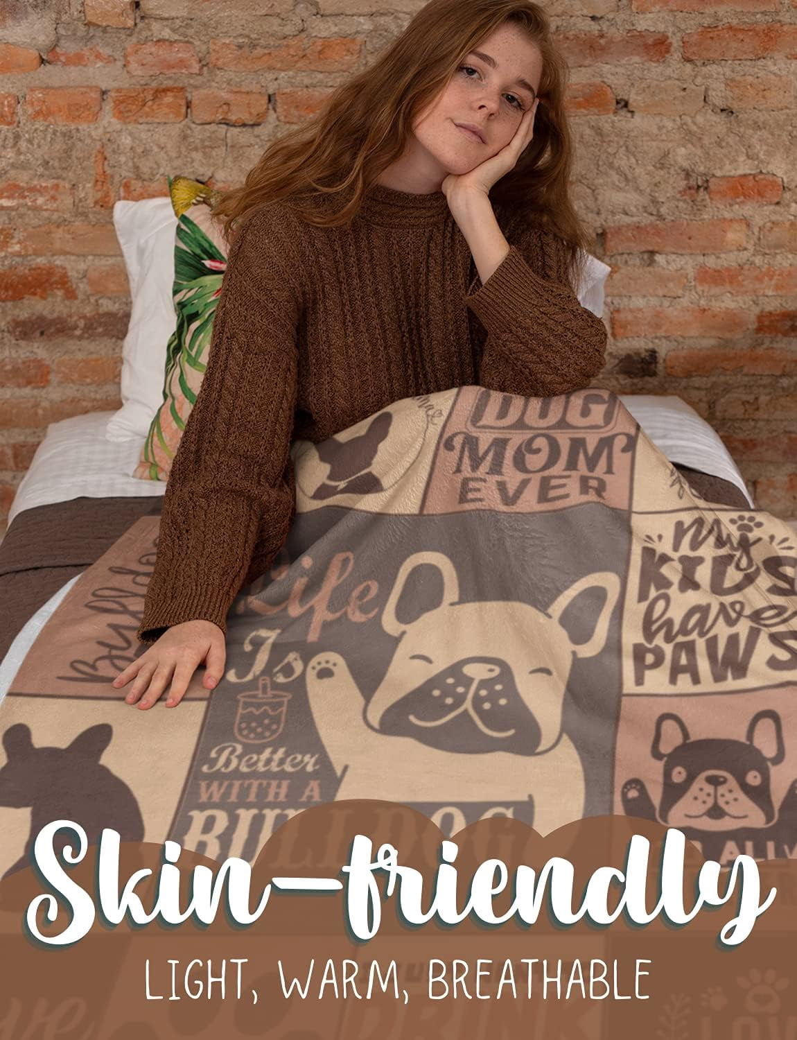 French Bulldog Blanket Throws for Dog Mom Dad, Flannel Fleece Blanket Gifts for Frenchie Lovers, 50*60, Perfect for Birthday Christmas Thanksgiving Mother''s Day, Brown