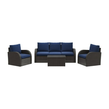 Brisbane Wicker / Rattan 6-Piece Conversation Set with Blue Cushions