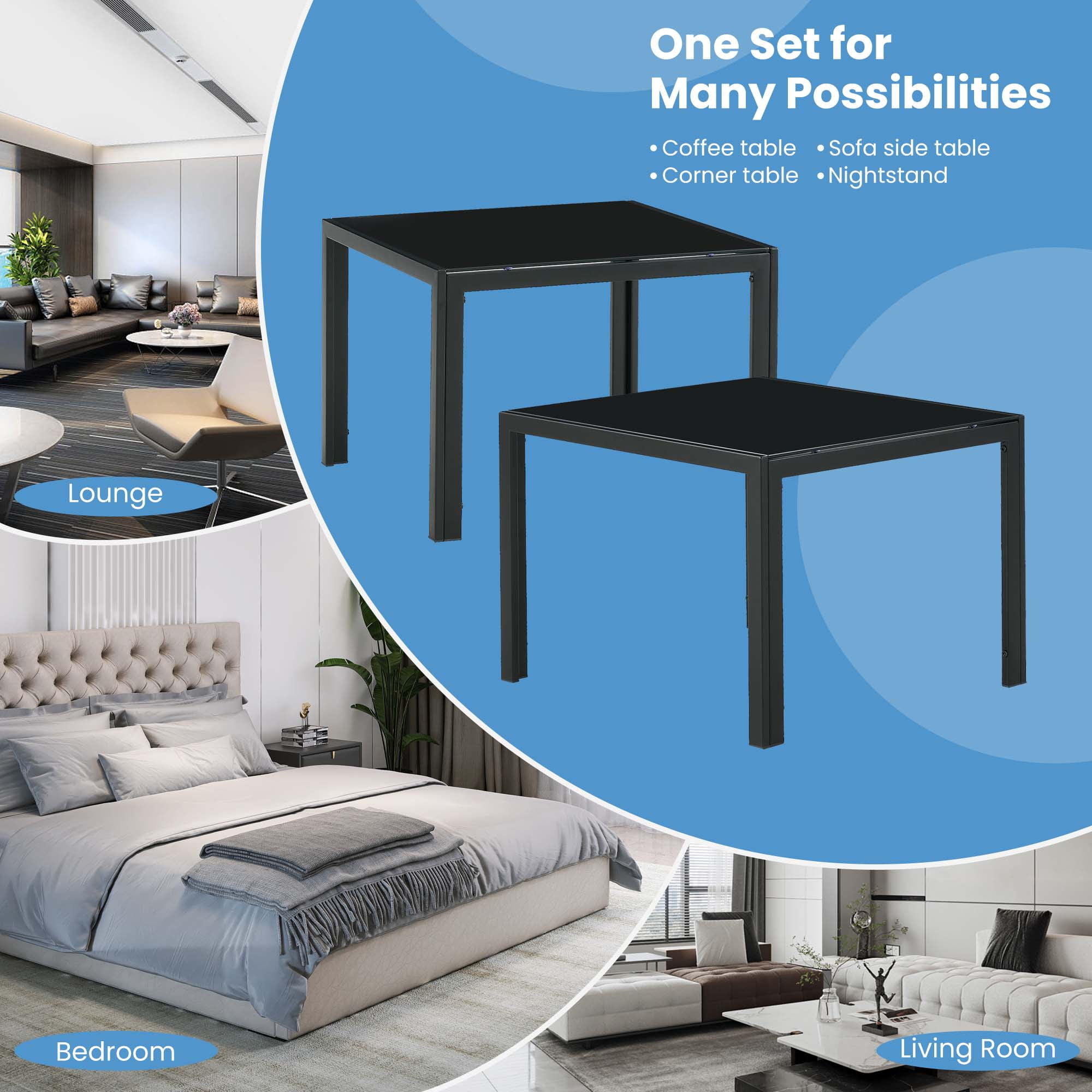 Aukfa Modern Coffee Table Set of 2, End Table Side Tables for Living Room Bedroom Yard, Black