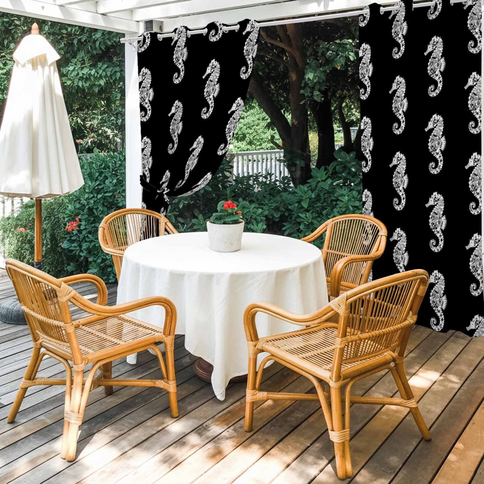 White Seahorse Outdoor Curtains for Patio, Watercolor Retro Summer Coral Ocean Black Background Sunshade Privacy Drapes Grommet Waterproof Outside Curtains for Porch/Cabana/Balcony 54"x 108", 1 Panel