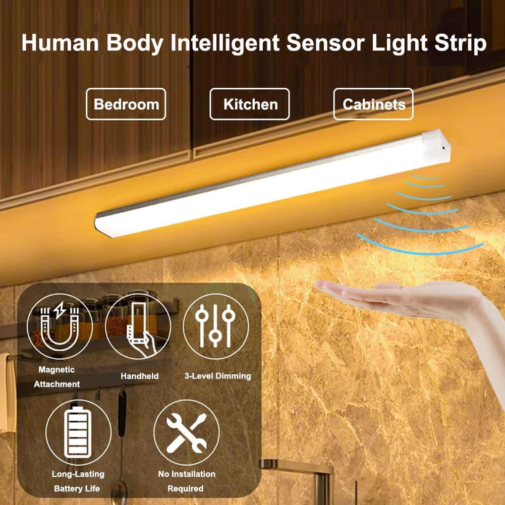 Punch-Free Smart Sensor Magnetic Rechargeable LED Lights,3.93/7.87/11.81/19.68 Inch Under Cabinet Lighting with Motion Sensor,Wireless,Cool White & Warm White for Kitchen,Stairs,Wardrobe