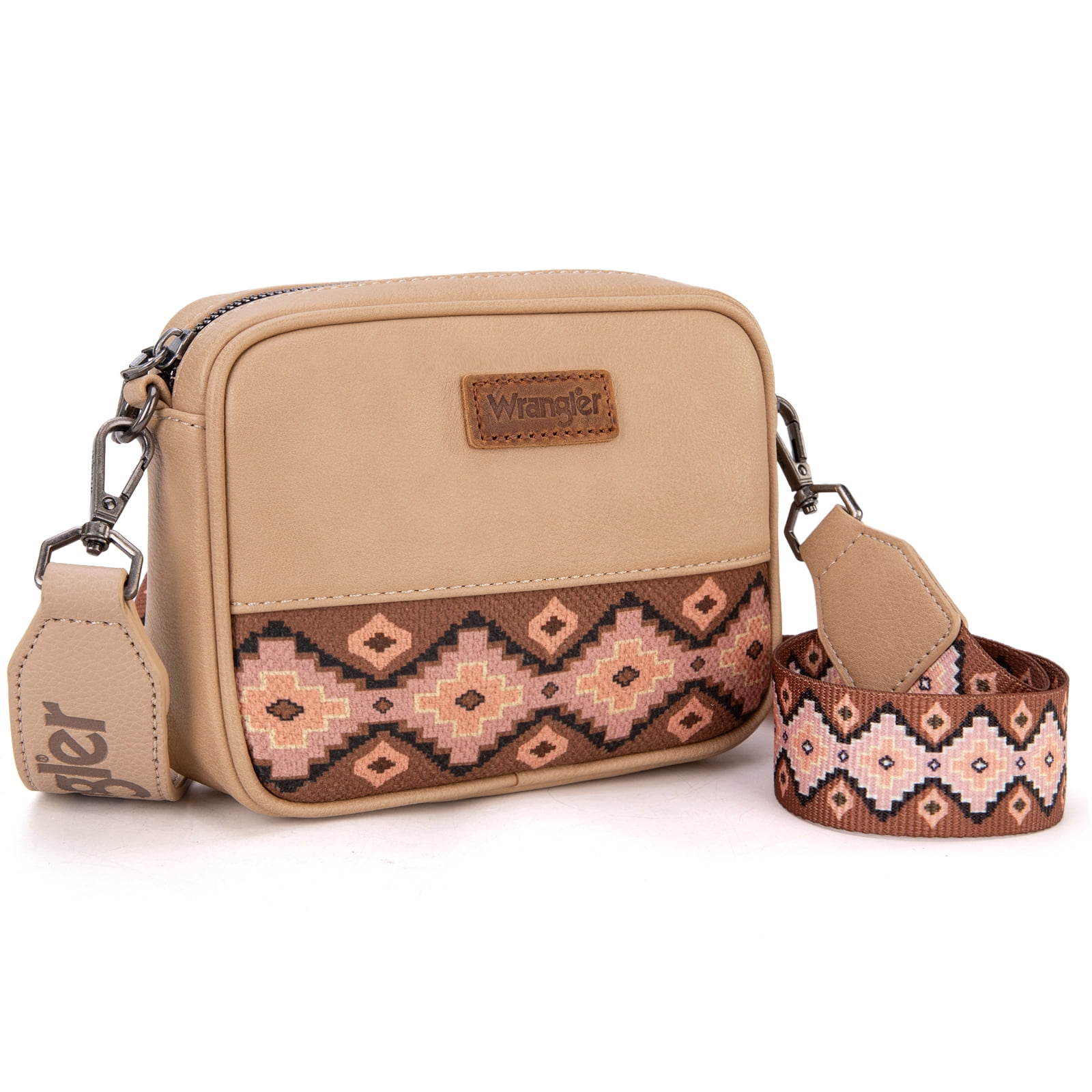 Wrangler Crossbody Bag for Women Aztec Mini Crossover Purse with Guitar Strap, Khaki With Dark Brown
