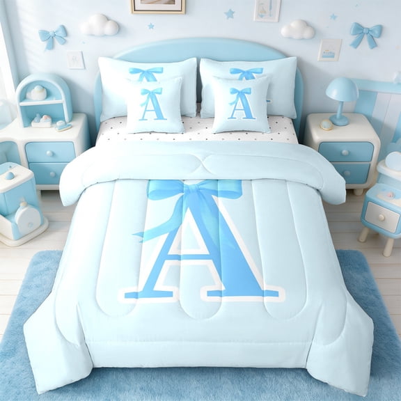 Manfei Letter A Monogrammed 7-Piece Twin Bedding Sets,Cute Cartoon Bowtie Bedding Comforter Set,Blue Bow Tie Sheet Sets For Girls Kids,Microfiber Room Decorative Reversible