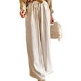 thumbnail image 2 of Women Casual Drawstring Elastic Waist Striped Wide Leg Pants with Pockets Khaki XXL, 2 of 6