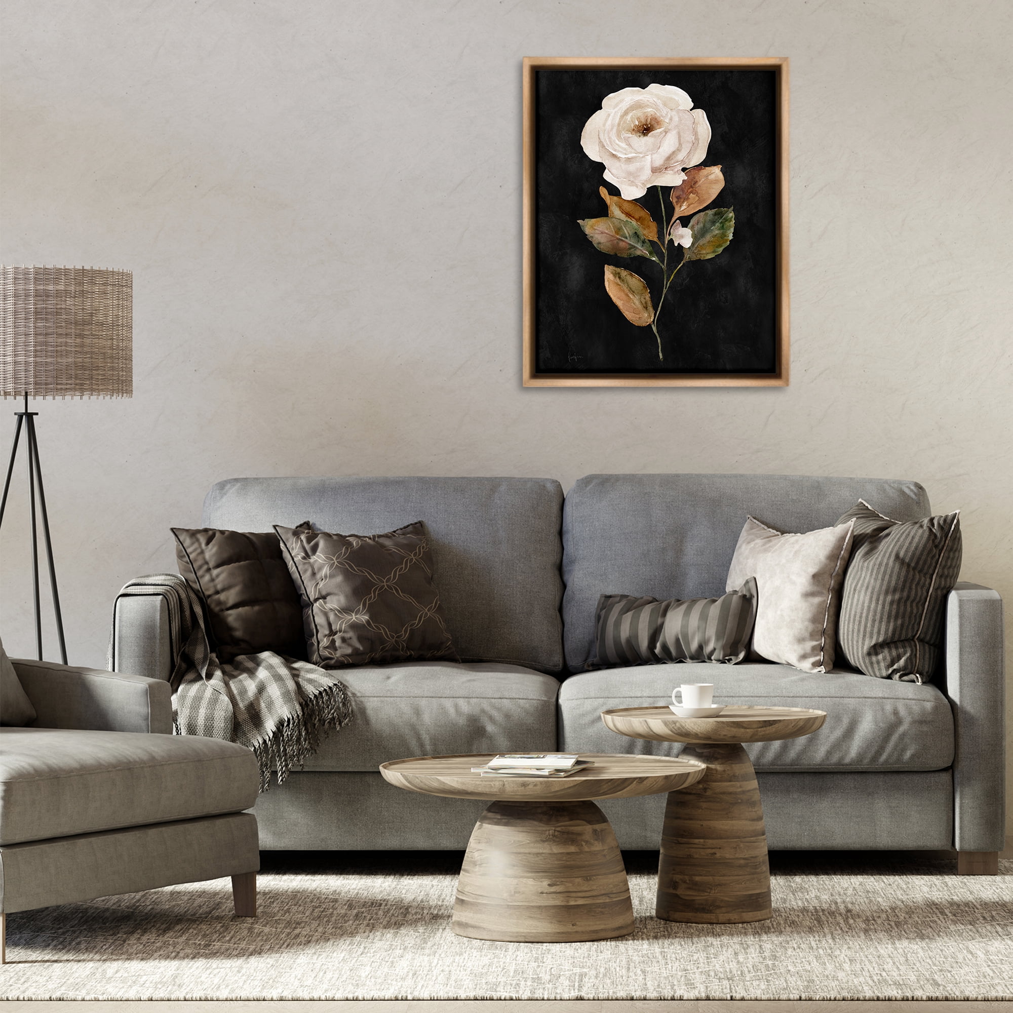 Stupell Industries White Rose on Black Plants & Flowers Painting Brown Floater Framed Canvas Art Print Wall Art, 25 x 31