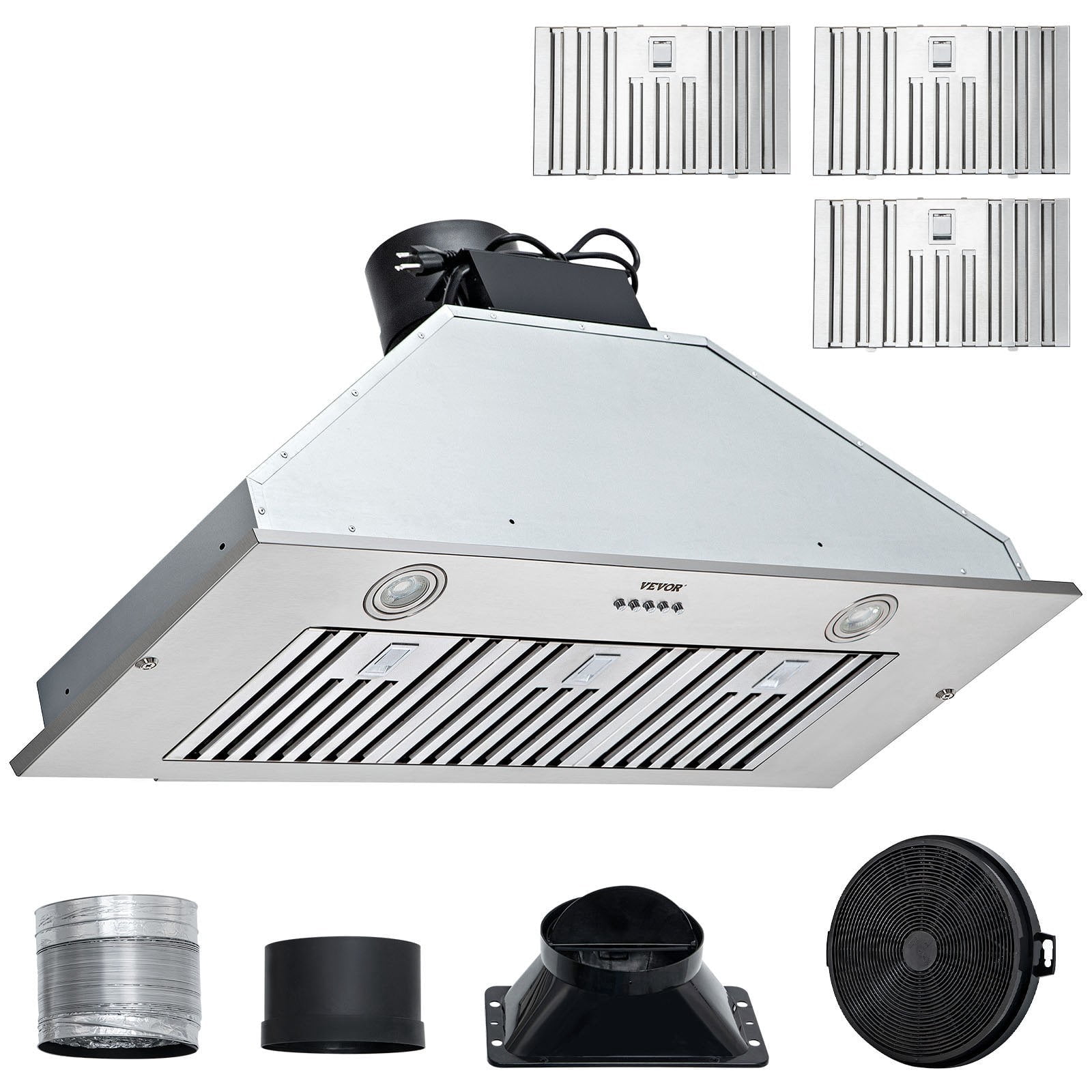 800CFM 36-Inch Built-In Range Hood - 3-Speed Push Button, Stainless Steel, LED Light, Baffle Filters, Convertible Vent, ETL Listed