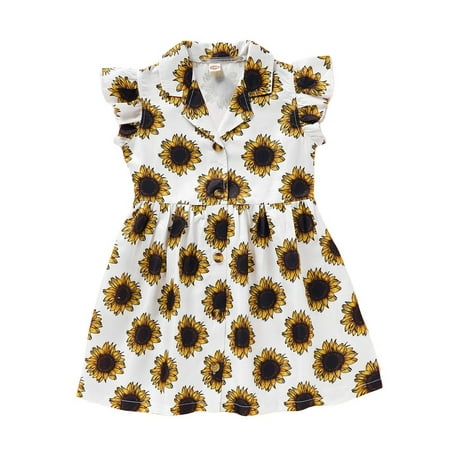 

5T Kid Girls Dress Causal Dress Toddler Girl Sleeveless Ruffled Layer Sunflower Princess White 5-6 Years