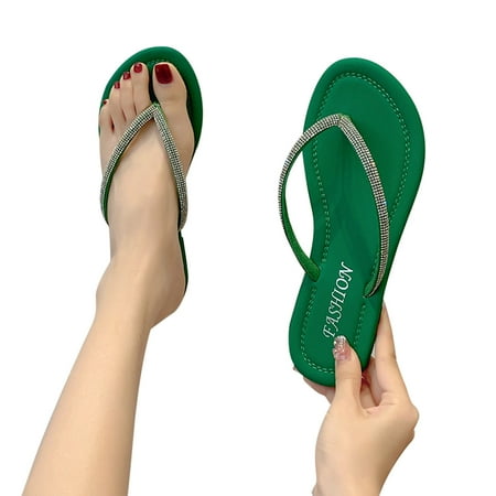 

kakina CMSX Sandals for Women Casual Rhinestone Herringbone Thong Low Heel Slip-on Lightweight Slippers Green 9