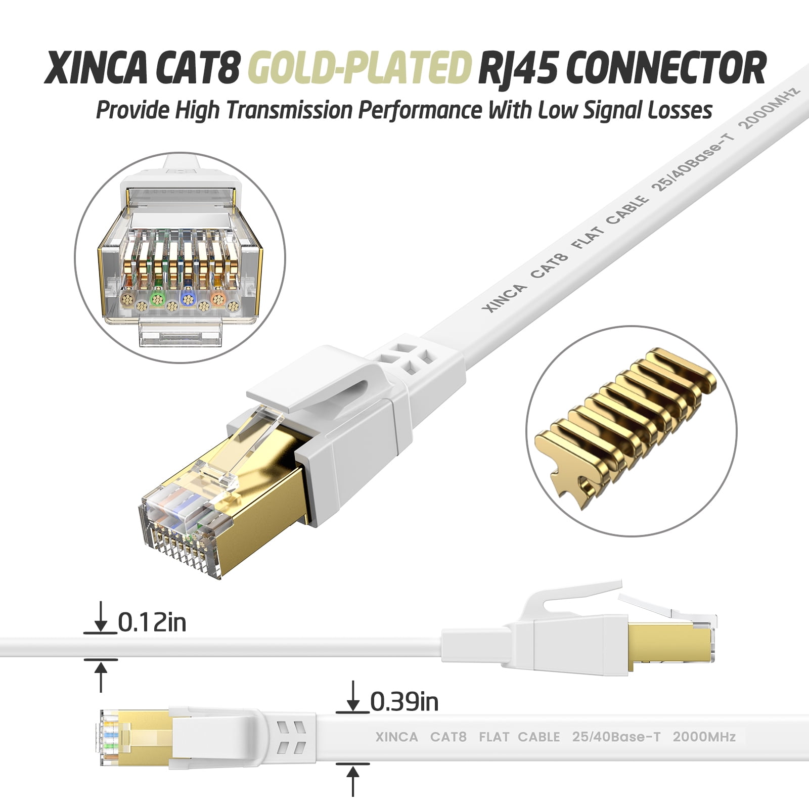 XINCA Cat8 Ethernet Cable lnternet Network Flat Patch Cord 15ft White with 10 Clips Rj45 Connectors transfer speed40 Gbps 2000MHz Connector for modems routers Computers Cable high Speed Cable Distri