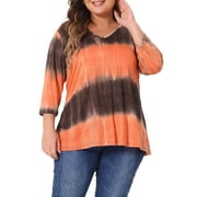 Unique Bargains Women's Plus Size V Neck 3/4 Sleeve Striped Tie Dye Blouse 4X Orange