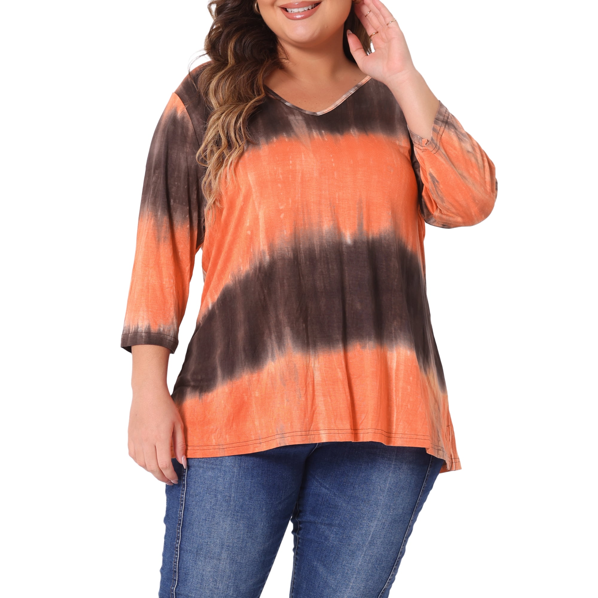 Unique Bargains Women's Plus Size V Neck 3/4 Sleeve Striped Tie Dye Blouse 4X Orange