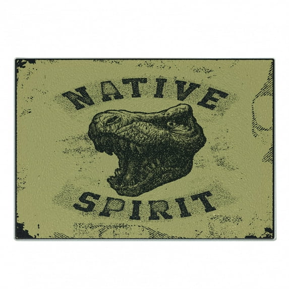 Dinosaur Cutting Board, Hand Drawn Roaring Tyrannosaurus Portrait Native Jurassic Wild Animal, Decorative Tempered Glass Cutting and Serving Board, Small Size, Army Green Black, by Ambesonne