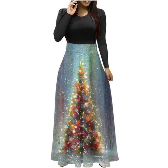 Robes pour Femmes 2022 Noël Col Rond Manches Longues Patchwork Imprimé Robe Longue Ligne A Robe Maxi Automne Dames