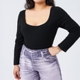 thumbnail image 3 of AURA Womens Two Piece Knit Set Square Neck Long Sleeve Crop Top And Mid Waist Skinny Shorts Plus Size, 3 of 5