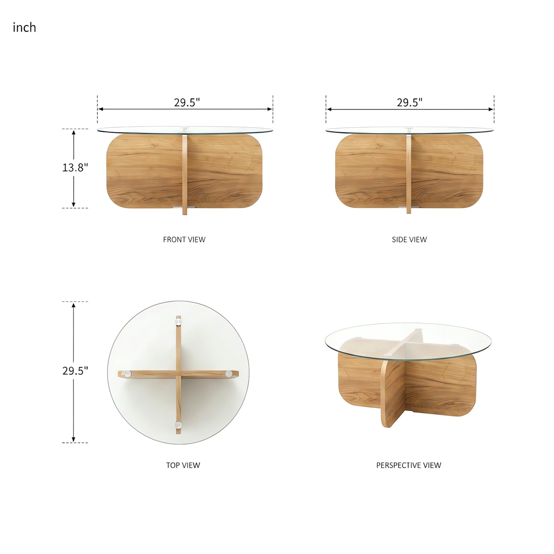 Christopher Knight Home 29.5" Round Coffee Table with Modern Cross Base, Tempered Glass Top, Honey Oak
