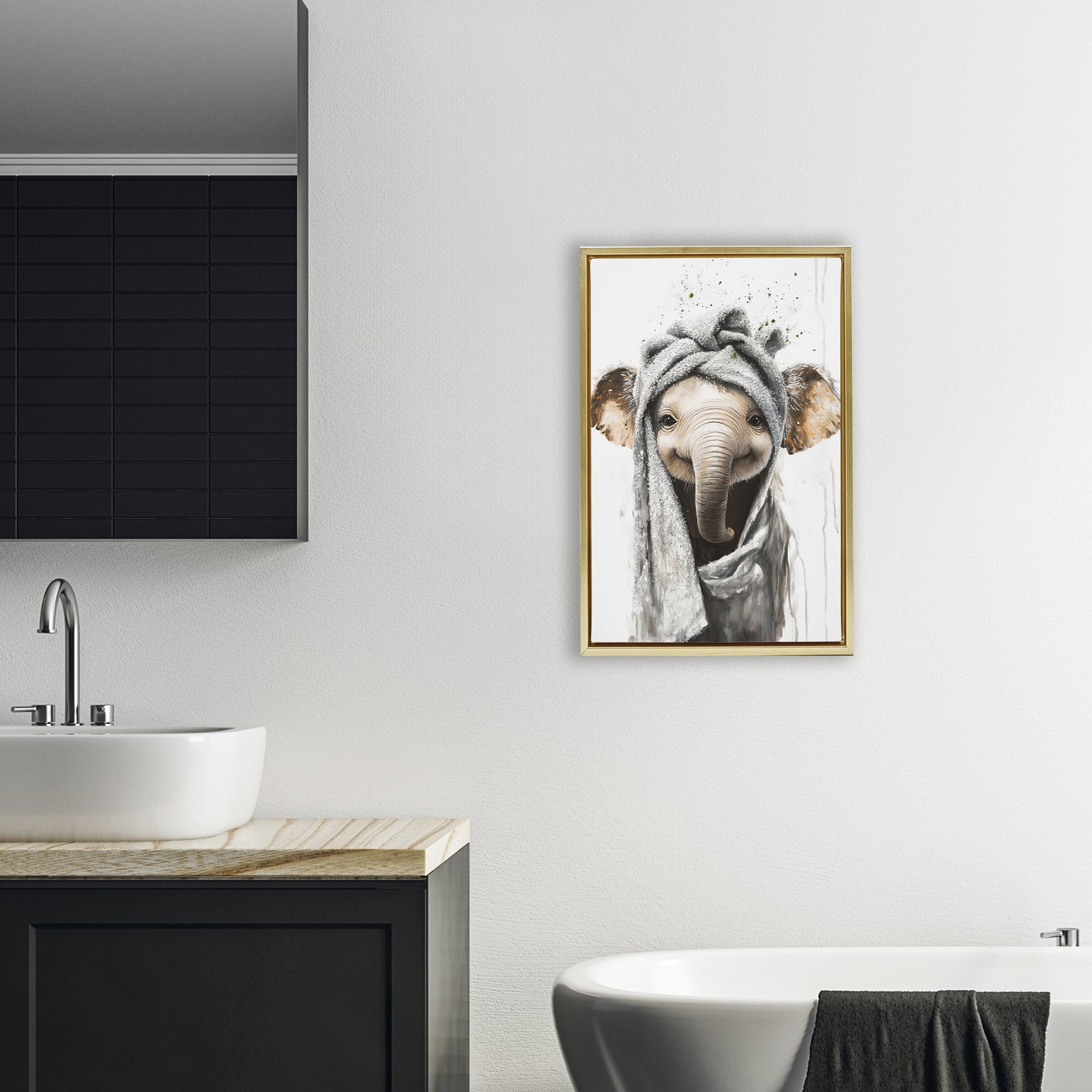 Stupell Industries Squeaky Clean Elephant Gold Framed Floater Canvas Wall Art, design by Tina LeCour
