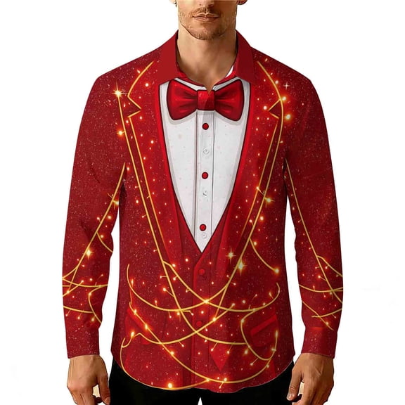 MaFYtyTPR Valentine's Day Men's Shirts Long Sleeve Lapel Collar Creative Printed Button Shirt Top for Man Red L