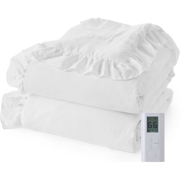 Heated Comforter Blanket Queen Size with Wireless LCD Controller, Fast Heating Electric Quilt, 6 Heat Levels & 10H Time Settings, White Queen 90" x 90"