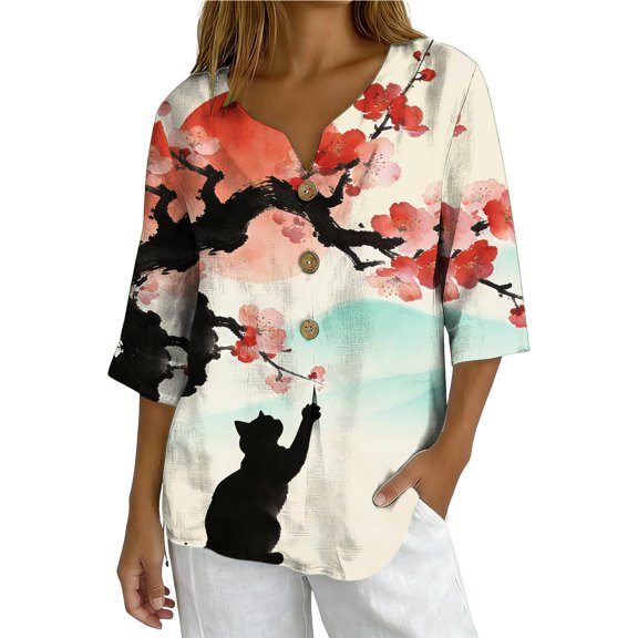 Women Linen Blouse Summer Linen Shirts for Women Button V Neck 3/4 Sleeve Blouse Casual Loose Basic T-Shirt Solid Tunic Tops 2026