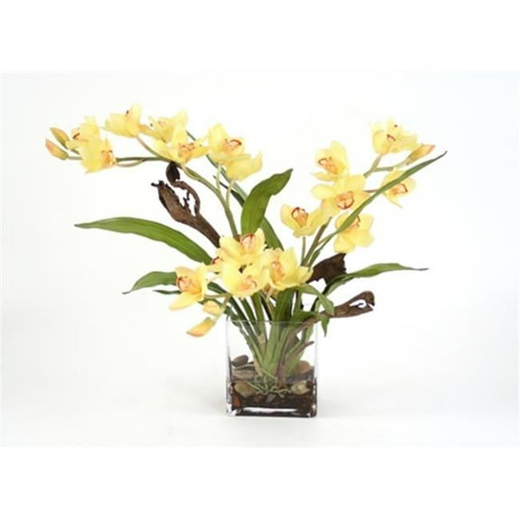 DDI 16107 Waterlook Silk Yellow Orchid Plant with Blades and Natrag in a Rectangular Clear Vase