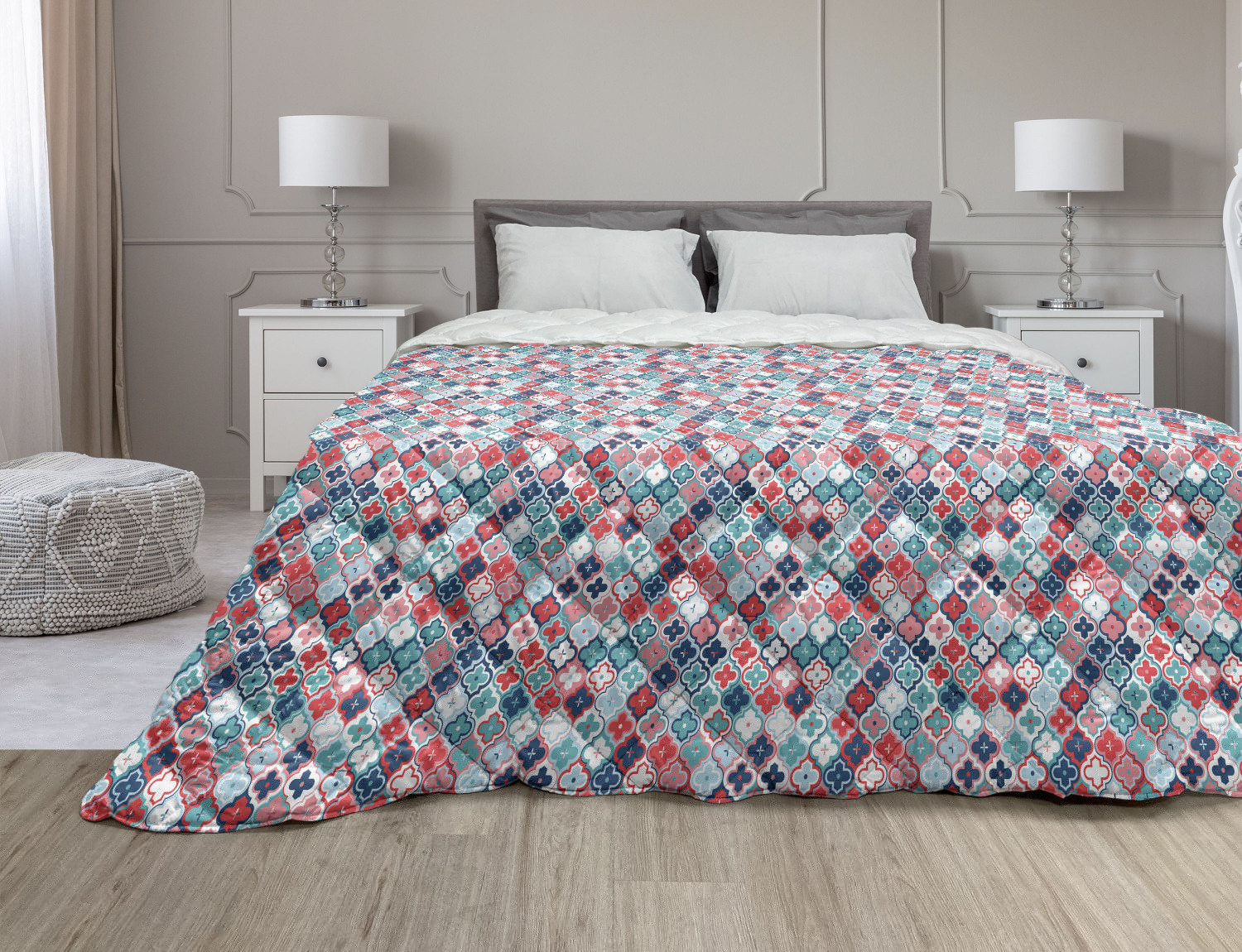 Abstract Geometry Down Alternative Comforter, Ethnic Circular Dots and Stripes Arrangement Print, Microfiber Quilt for All Season, 5 Sizes, Grey Pale Vermilion, by Ambesonne