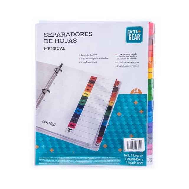 Separadores de hojas Pen + Gear tamaño carta, Mensual Ene-Dic, 13 separadores
