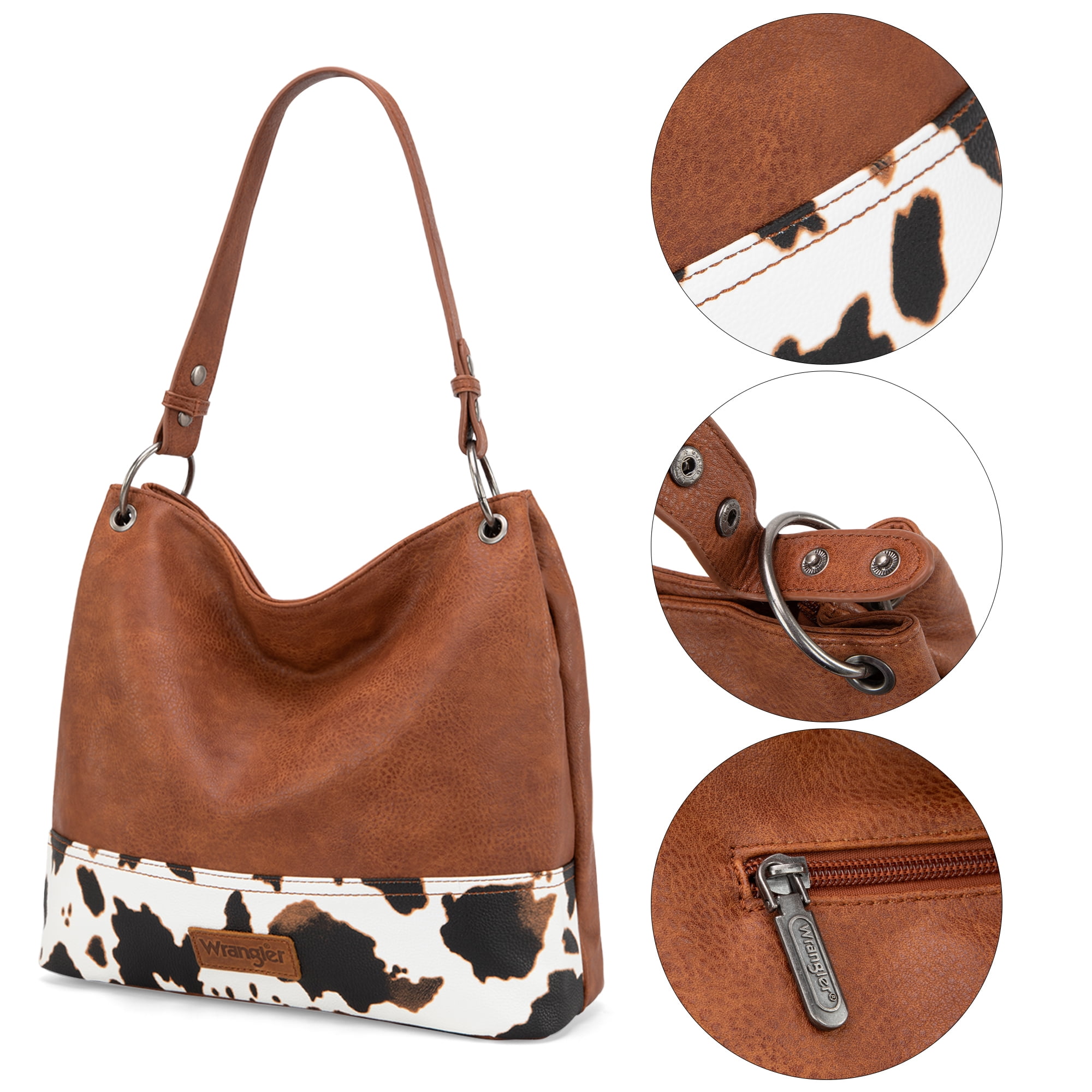 Wrangler Hobo Bags for Women Vegan Leather Top Handle Shoulder Purses and Handbags, Cow Print-Brown