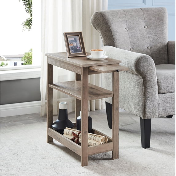 Rutland Side Sofa Table With Open Shelves & Pull-Out Tray, Walnut Wood