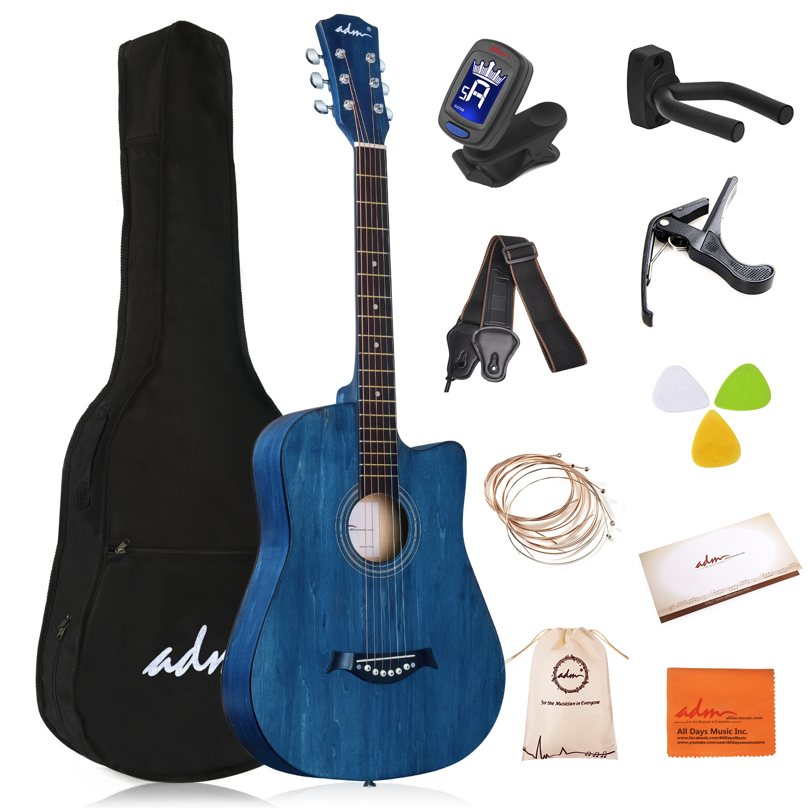 ADM 38in Acoustic Cutaway Guitar Beginner Kit Blue