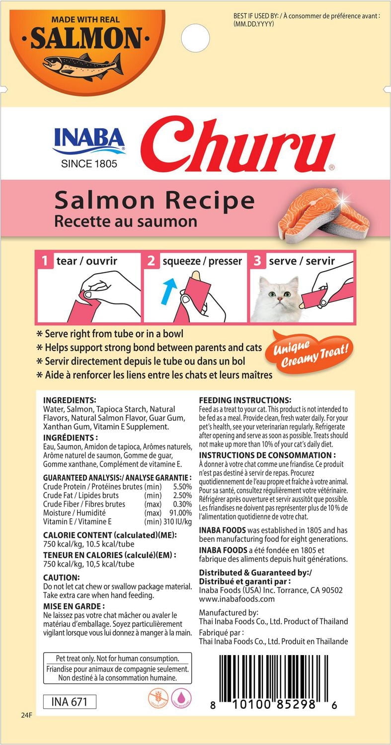 INABA Churu Cat Treats, Grain-Free Lickable Creamy Purée with Vitamin E - Salmon Recipe 4 tubes 56g (4x14g)