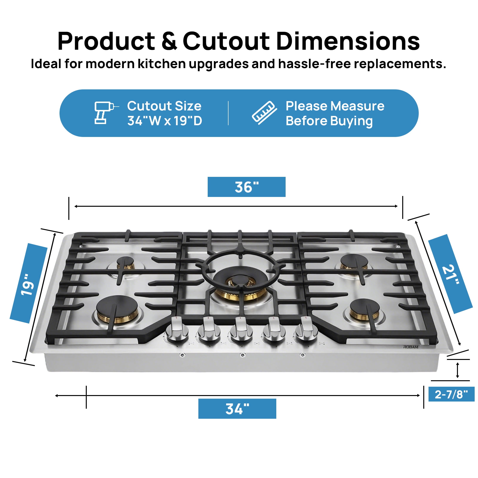 ROBAM 36" Gas Cooktop G515, 5 Made in Italy Brass Burners, 304 Stainless Steel Built-in Gas Stove, 20,000 BTU Tri-Ring Center Wok Burner, NG/LPG Convertible with Flame Failure Protection